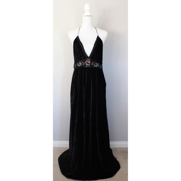 NWT UO URBAN OUTFITTERS Black Dahlia Velvet Beaded Backless Maxi Dress, L Large - Picture 4 of 12